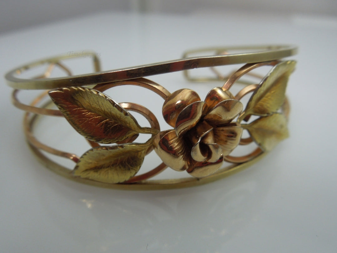 q098 Vintage Krementz 14k Gold Overlay Rose Flower Cuff Bracelet