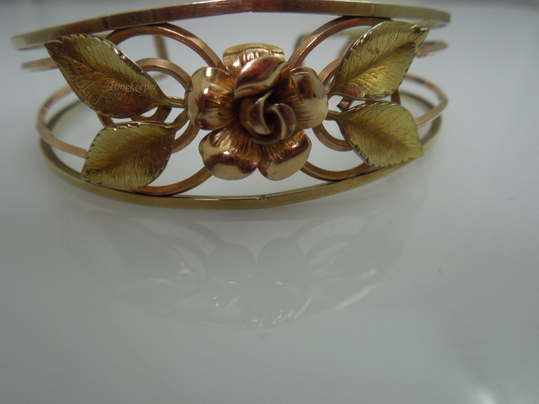 q098 Vintage Krementz 14k Gold Overlay Rose Flower Cuff Bracelet