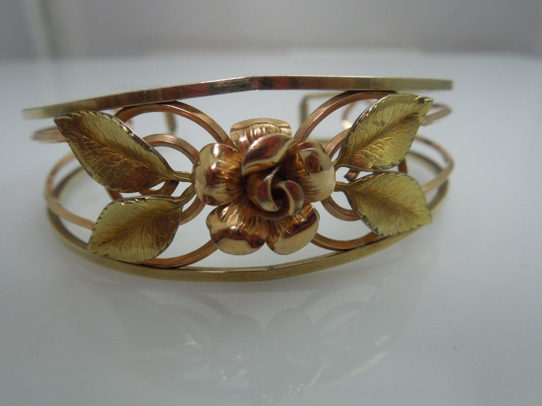 q098 Vintage Krementz 14k Gold Overlay Rose Flower Cuff Bracelet