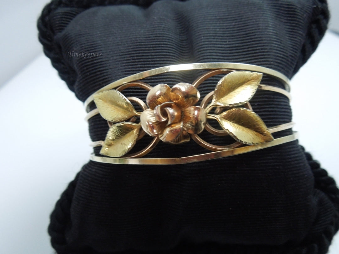 q098 Vintage Krementz 14k Gold Overlay Rose Flower Cuff Bracelet