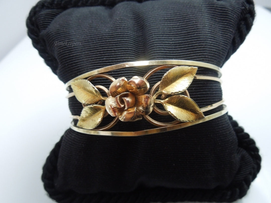 q098 Vintage Krementz 14k Gold Overlay Rose Flower Cuff Bracelet