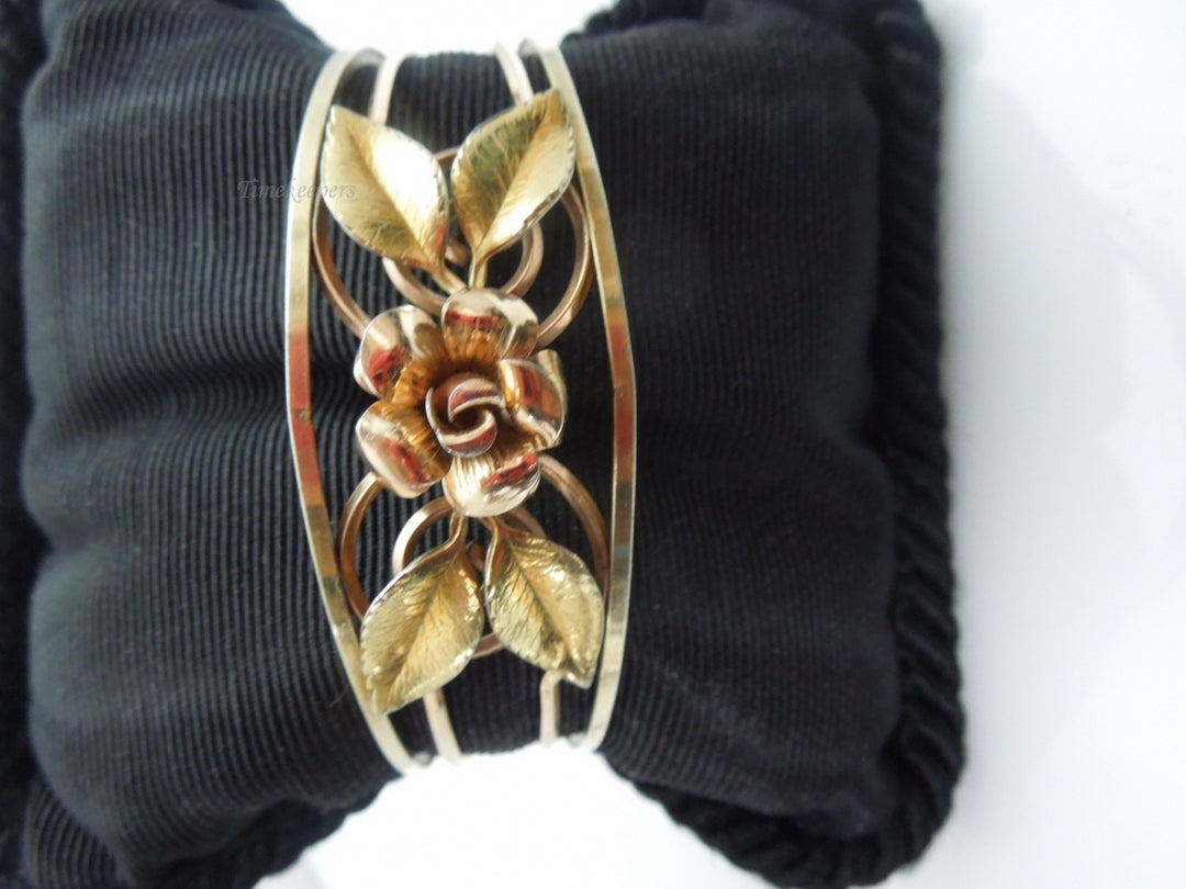 q098 Vintage Krementz 14k Gold Overlay Rose Flower Cuff Bracelet