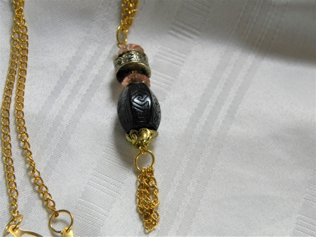 h534 Pretty Retro Long Chain Black Beaded Tassel Gold Tone Necklace