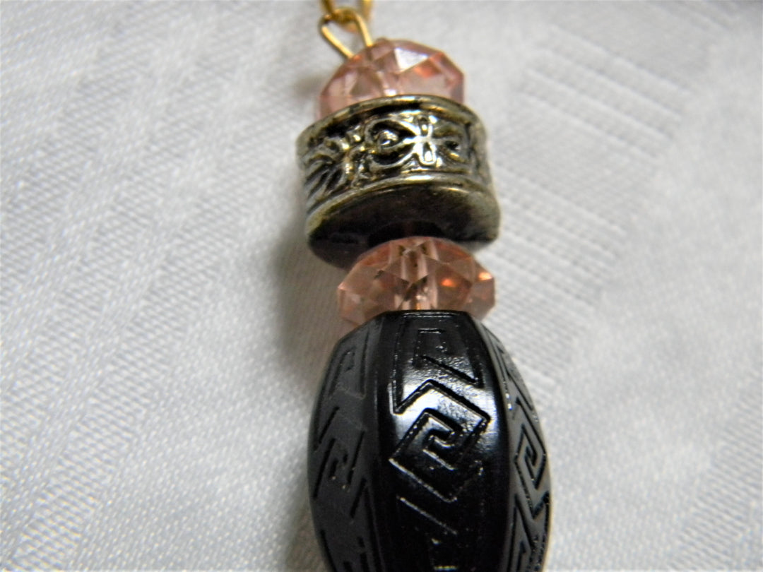 h534 Pretty Retro Long Chain Black Beaded Tassel Gold Tone Necklace