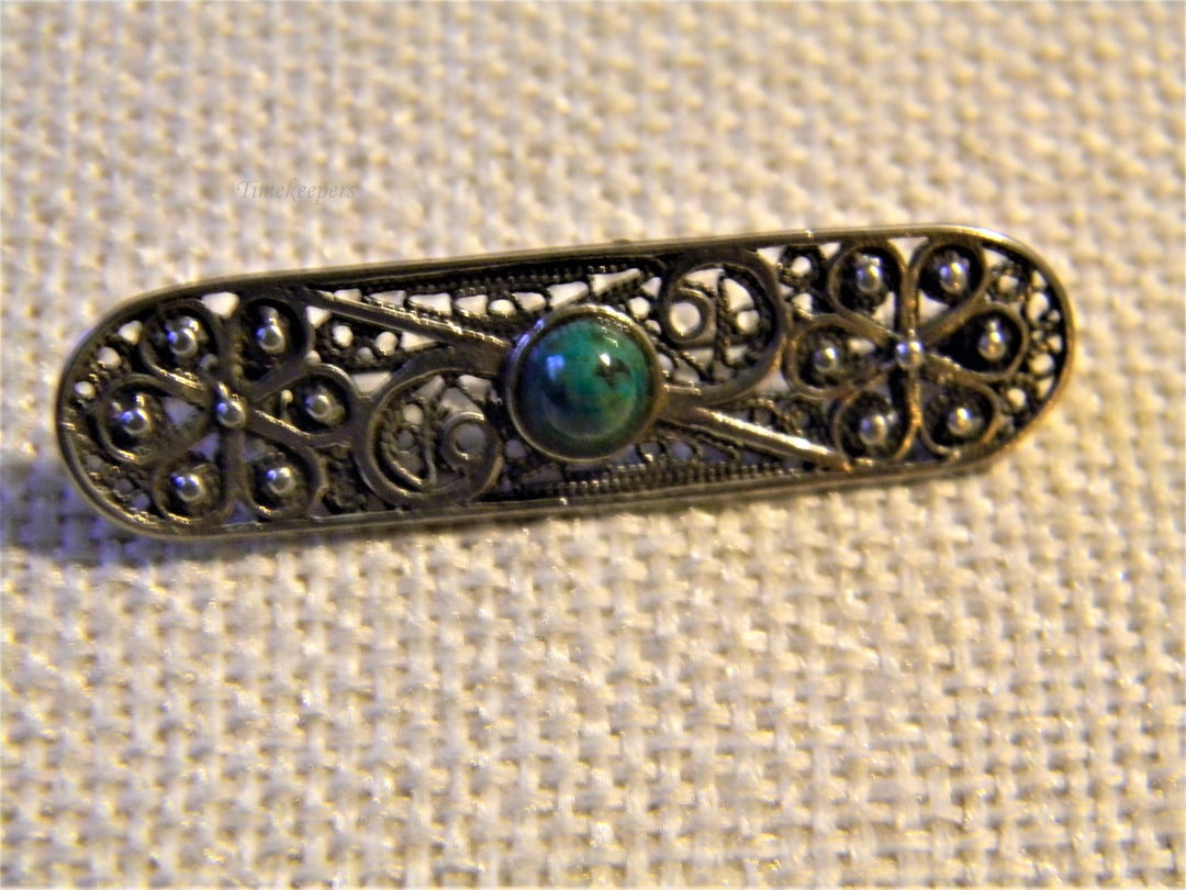 j485 Beautiful Vintage 925 Silver Filigree Oval Brooch With Malachite