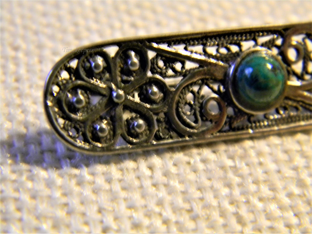 j485 Beautiful Vintage 925 Silver Filigree Oval Brooch With Malachite