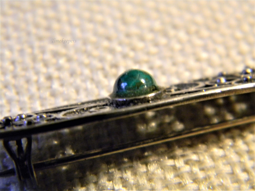 j485 Beautiful Vintage 925 Silver Filigree Oval Brooch With Malachite