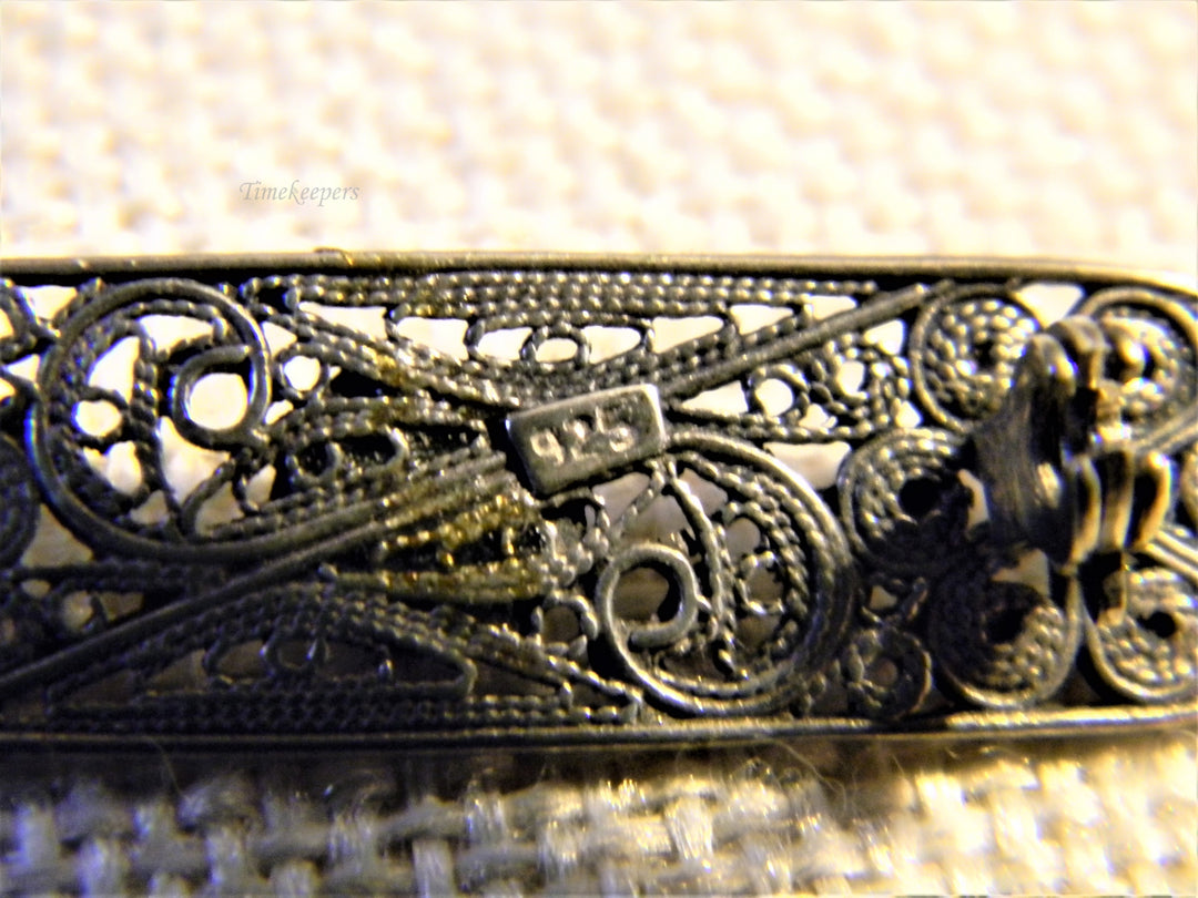 j485 Beautiful Vintage 925 Silver Filigree Oval Brooch With Malachite