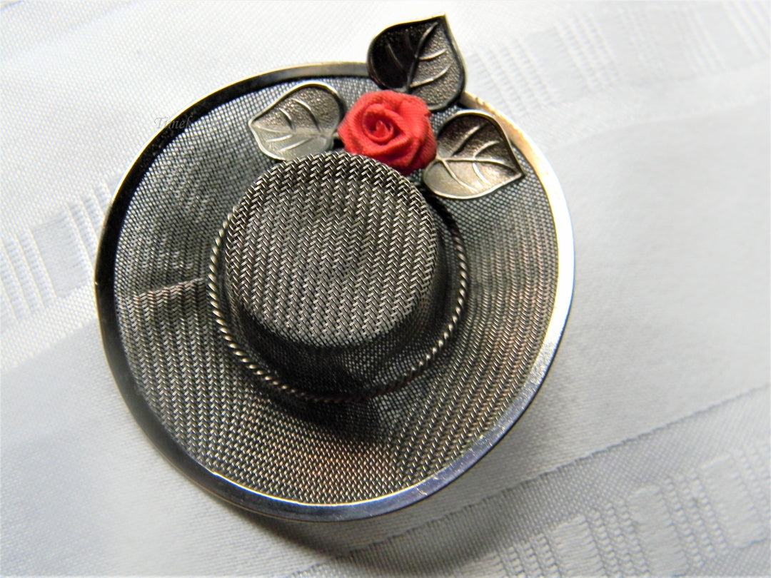 j488 Beautiful Unique Mesh Pin shaped like a Hat with a Red Rose