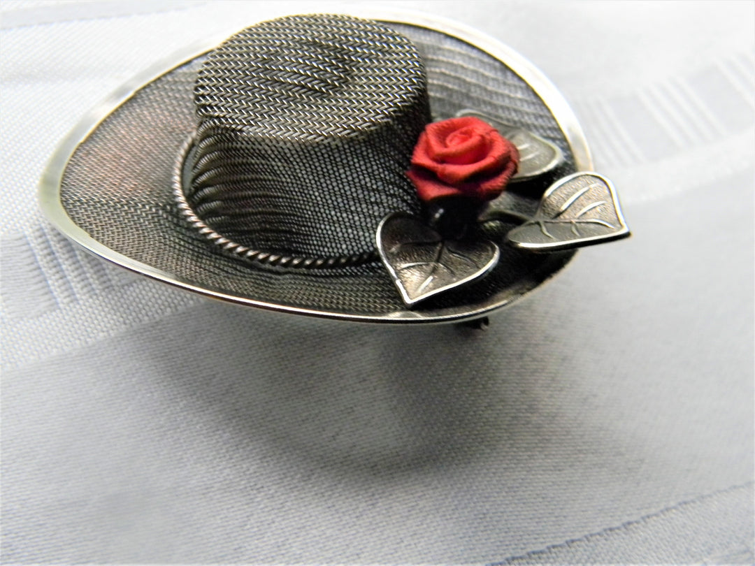 j488 Beautiful Unique Mesh Pin shaped like a Hat with a Red Rose