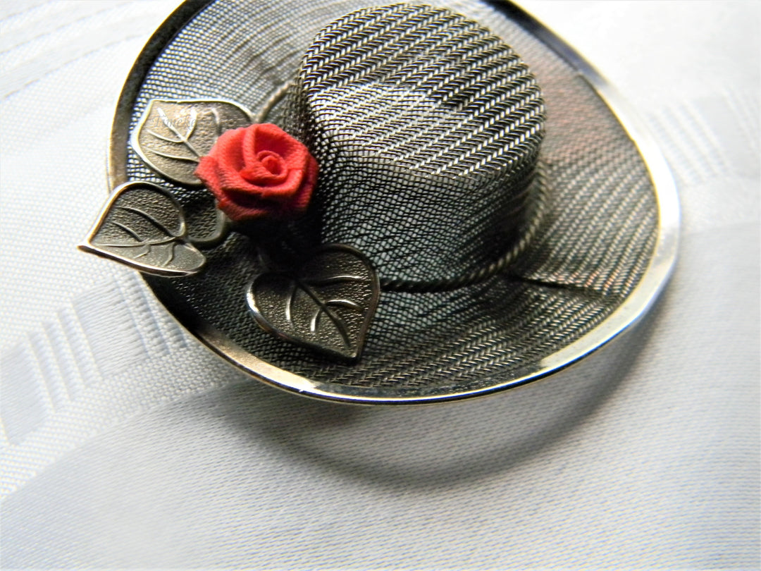 j488 Beautiful Unique Mesh Pin shaped like a Hat with a Red Rose