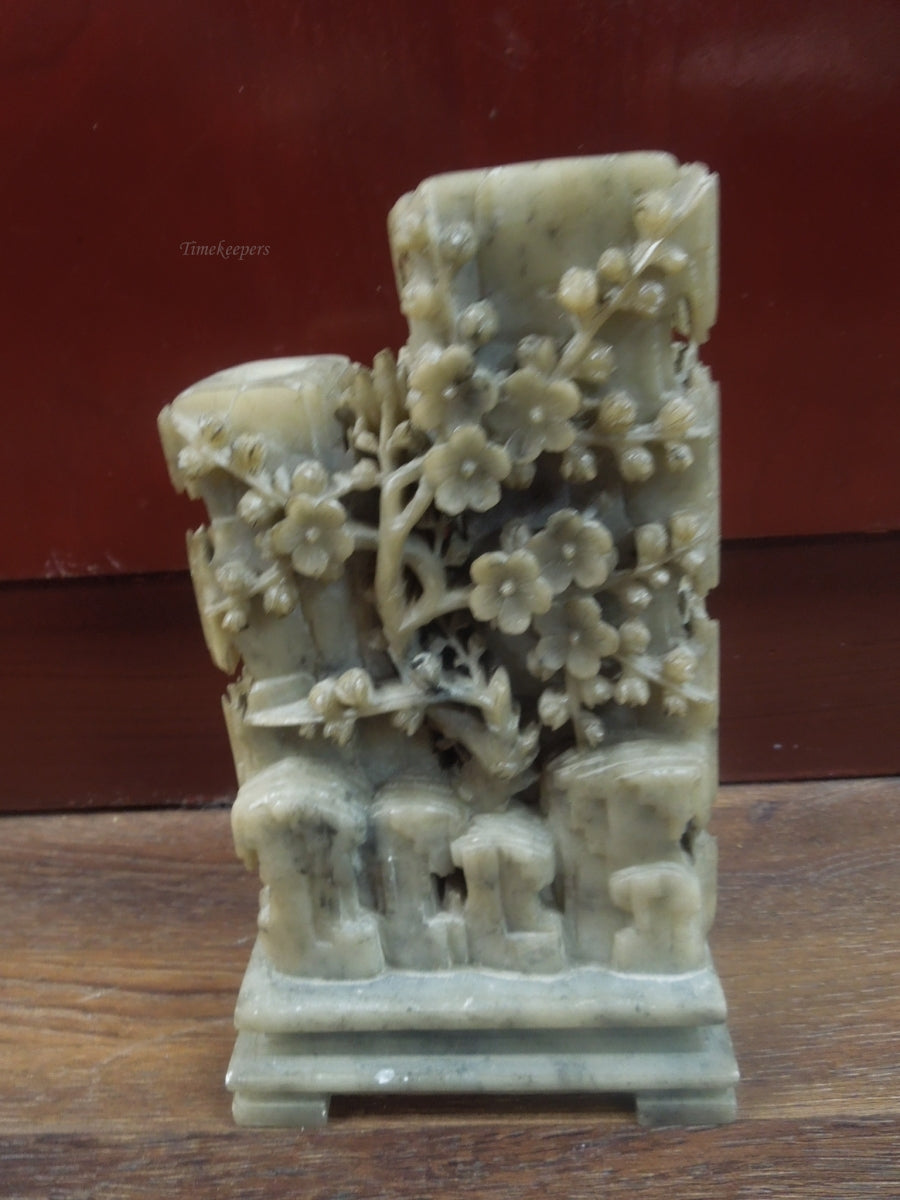 r343 Vintage Large Chinese Soapstone Carving With Stand Depicting Flowers