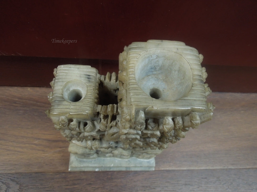 r343 Vintage Large Chinese Soapstone Carving With Stand Depicting Flowers