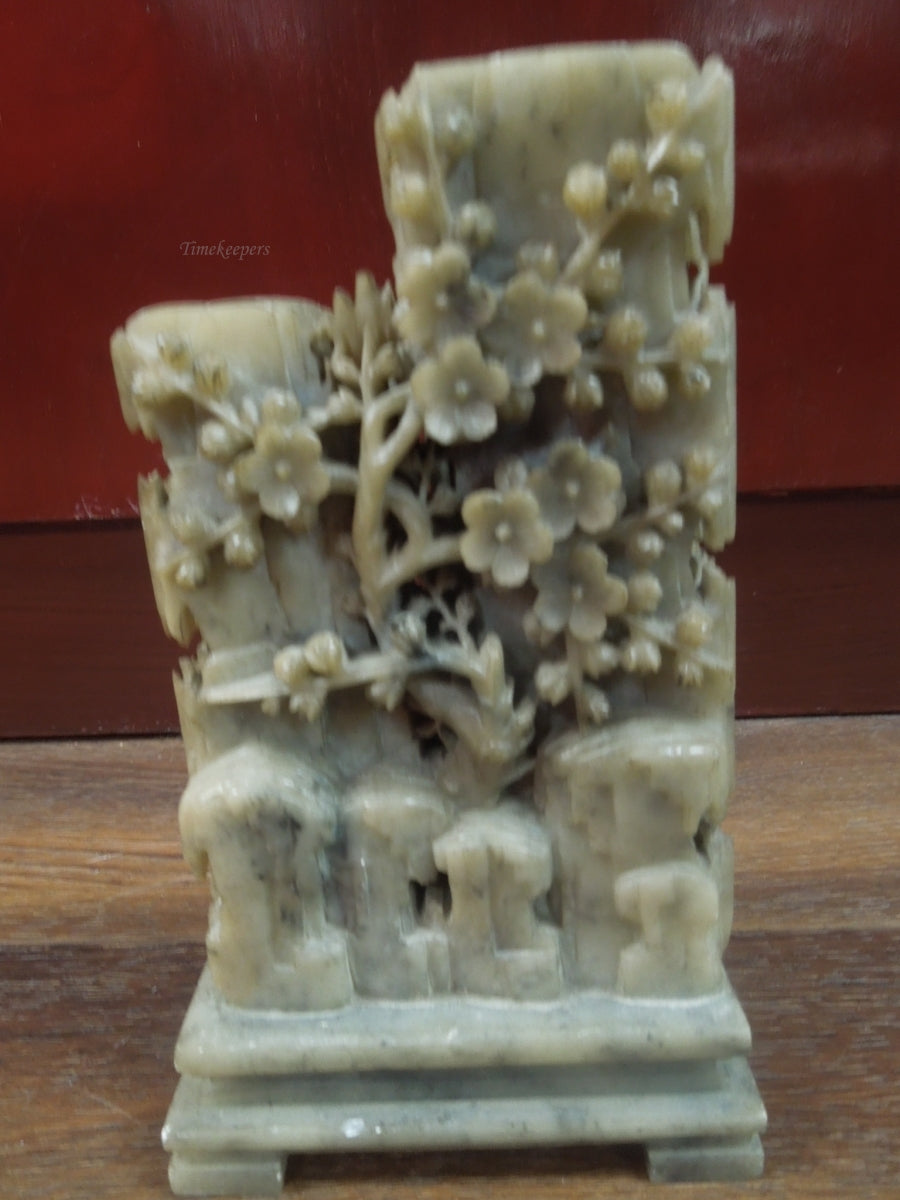 r343 Vintage Large Chinese Soapstone Carving With Stand Depicting Flowers