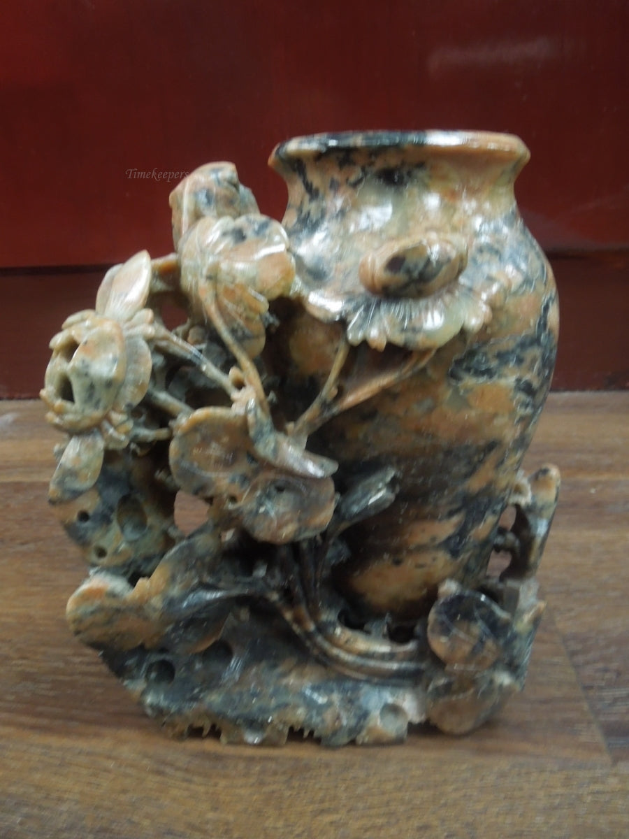 r344 Vintage Antique Hand Carved Chinese Soapstone Floral Vase Planter Sculpture