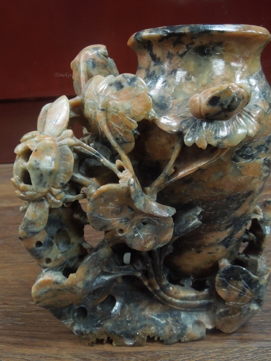 r344 Vintage Antique Hand Carved Chinese Soapstone Floral Vase Planter Sculpture