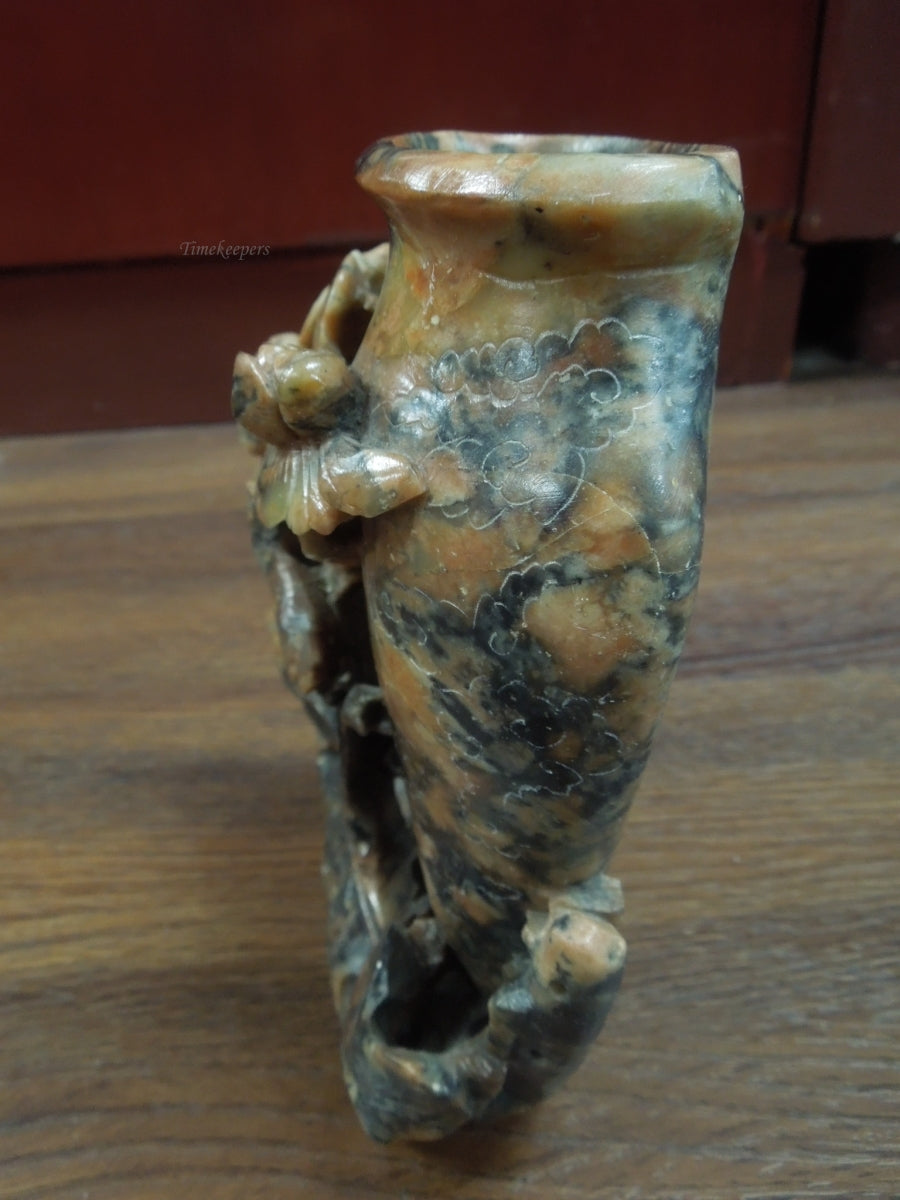 r344 Vintage Antique Hand Carved Chinese Soapstone Floral Vase Planter Sculpture