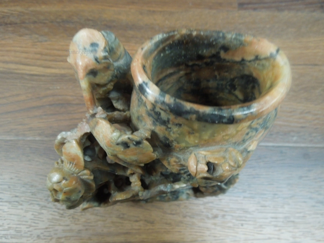 r344 Vintage Antique Hand Carved Chinese Soapstone Floral Vase Planter Sculpture