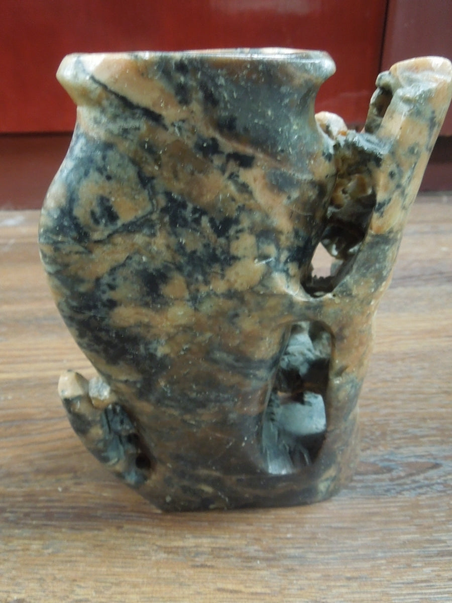 r344 Vintage Antique Hand Carved Chinese Soapstone Floral Vase Planter Sculpture