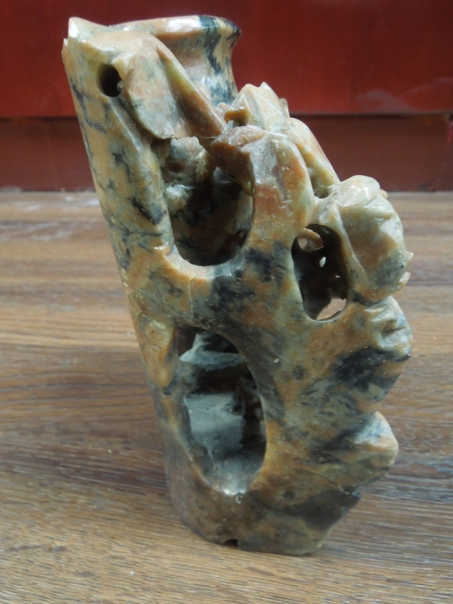 r344 Vintage Antique Hand Carved Chinese Soapstone Floral Vase Planter Sculpture