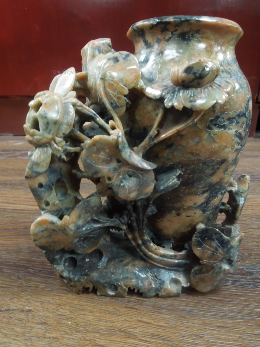 r344 Vintage Antique Hand Carved Chinese Soapstone Floral Vase Planter Sculpture
