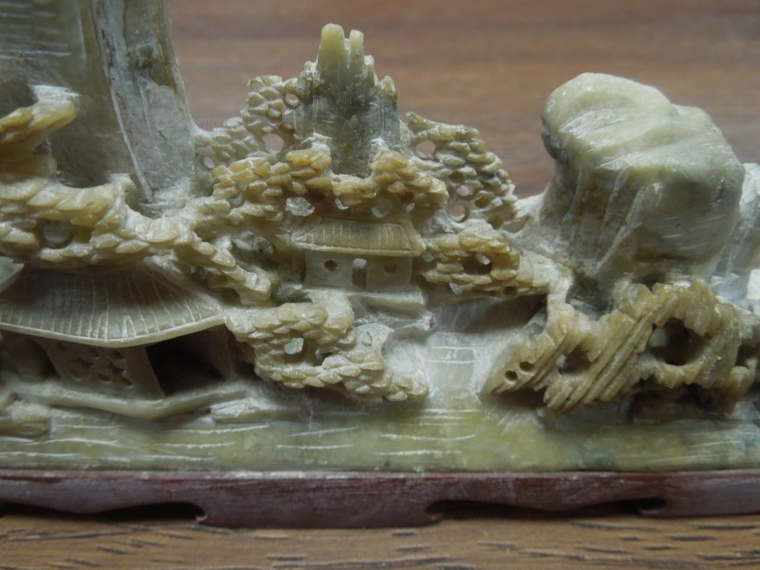 r347 Vintage Antique Hand Carved Chinese Soapstone Landscape Sculpture