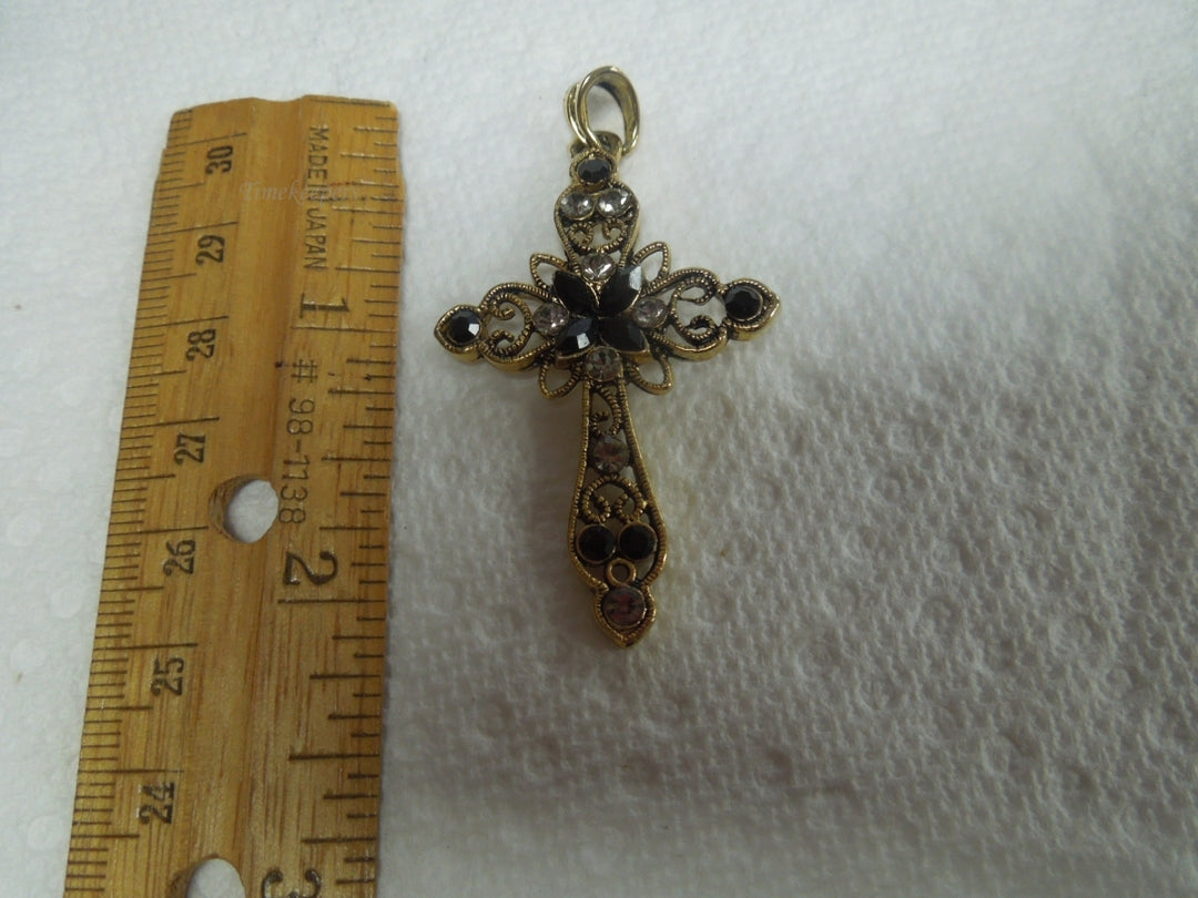 r365 Vintage Silver Tone Spiritual Symbol Rhinestone Cross Pendant