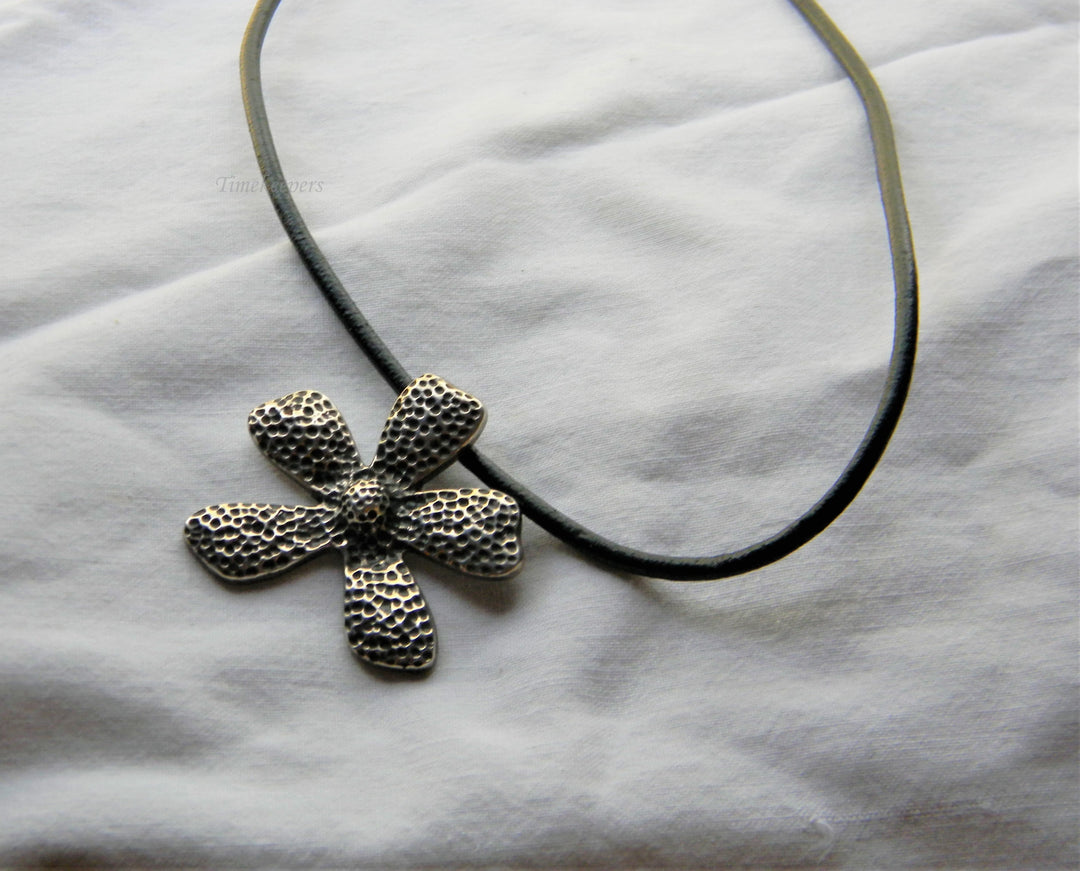 j513 Unique Sterling Silver Flower Pendant on Black Cord from Thailand
