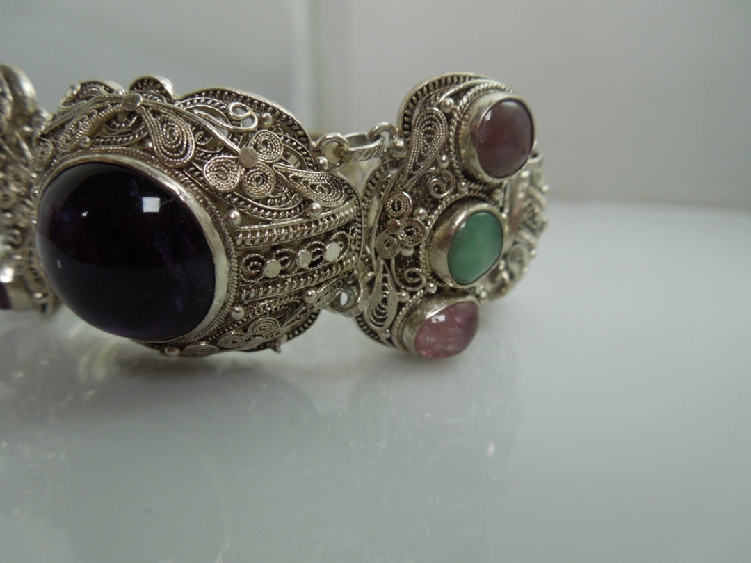 q176 Vintage Sterling Silver Heavy Wide Filigree Bracelet 6.75"