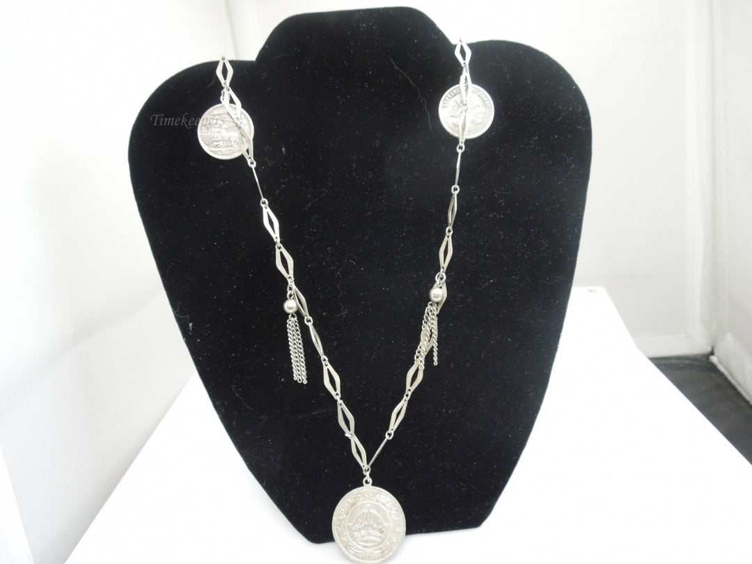 q197 Vintage Sterling Silver Multi Countries Coin Pendant /Necklace/Chain 38"