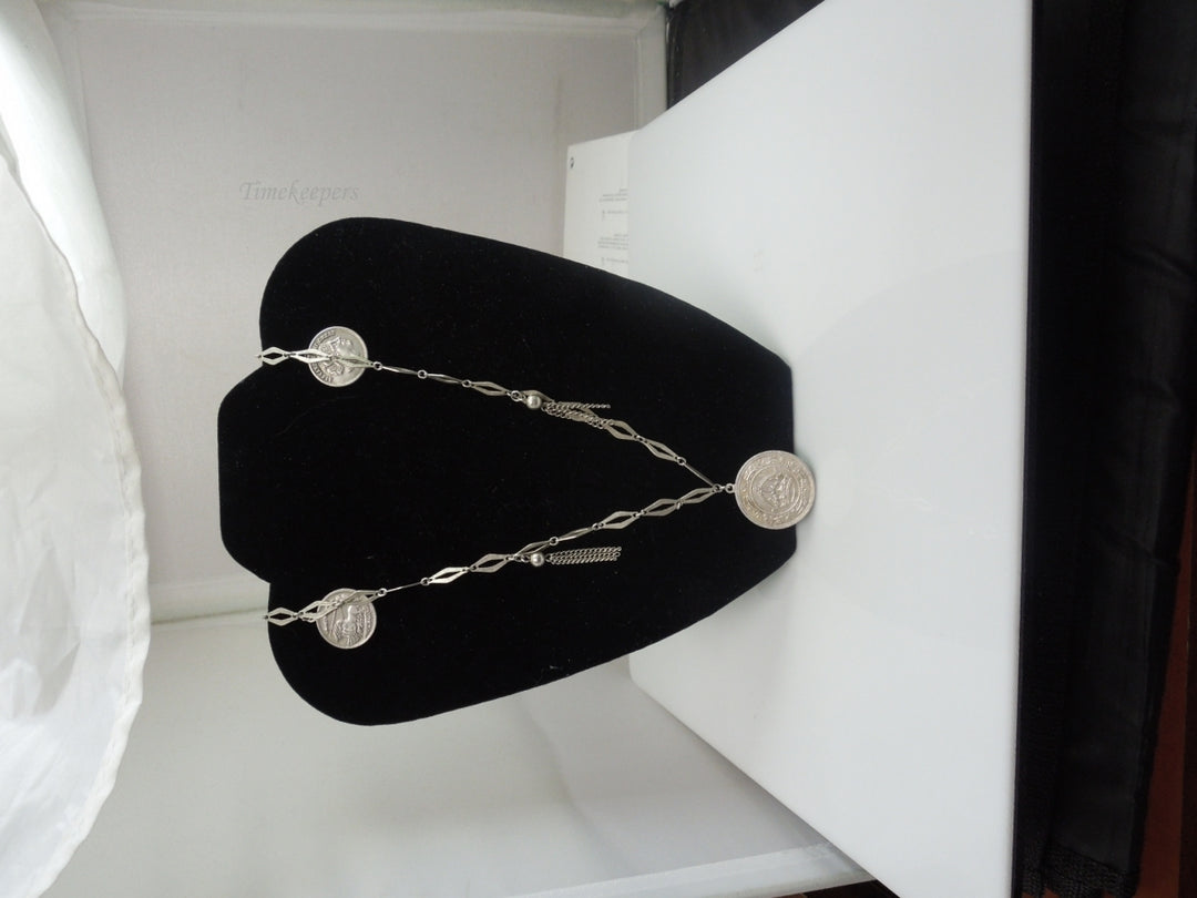 q197 Vintage Sterling Silver Multi Countries Coin Pendant /Necklace/Chain 38"