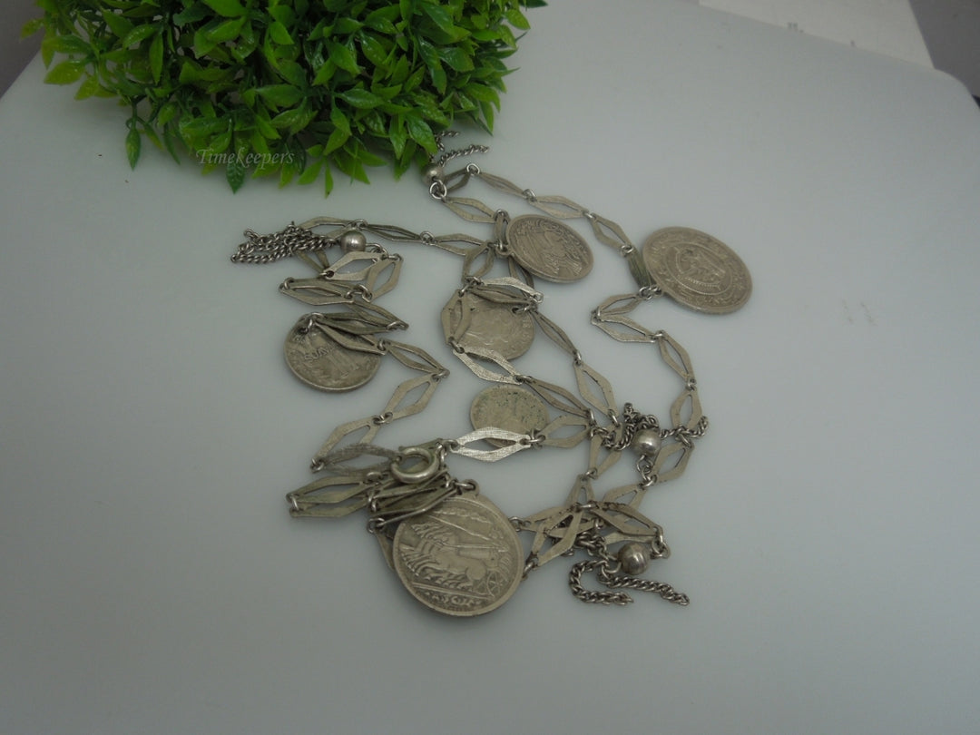q197 Vintage Sterling Silver Multi Countries Coin Pendant /Necklace/Chain 38"