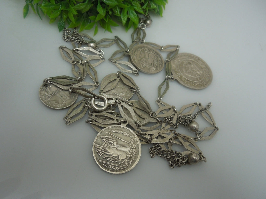 q197 Vintage Sterling Silver Multi Countries Coin Pendant /Necklace/Chain 38"