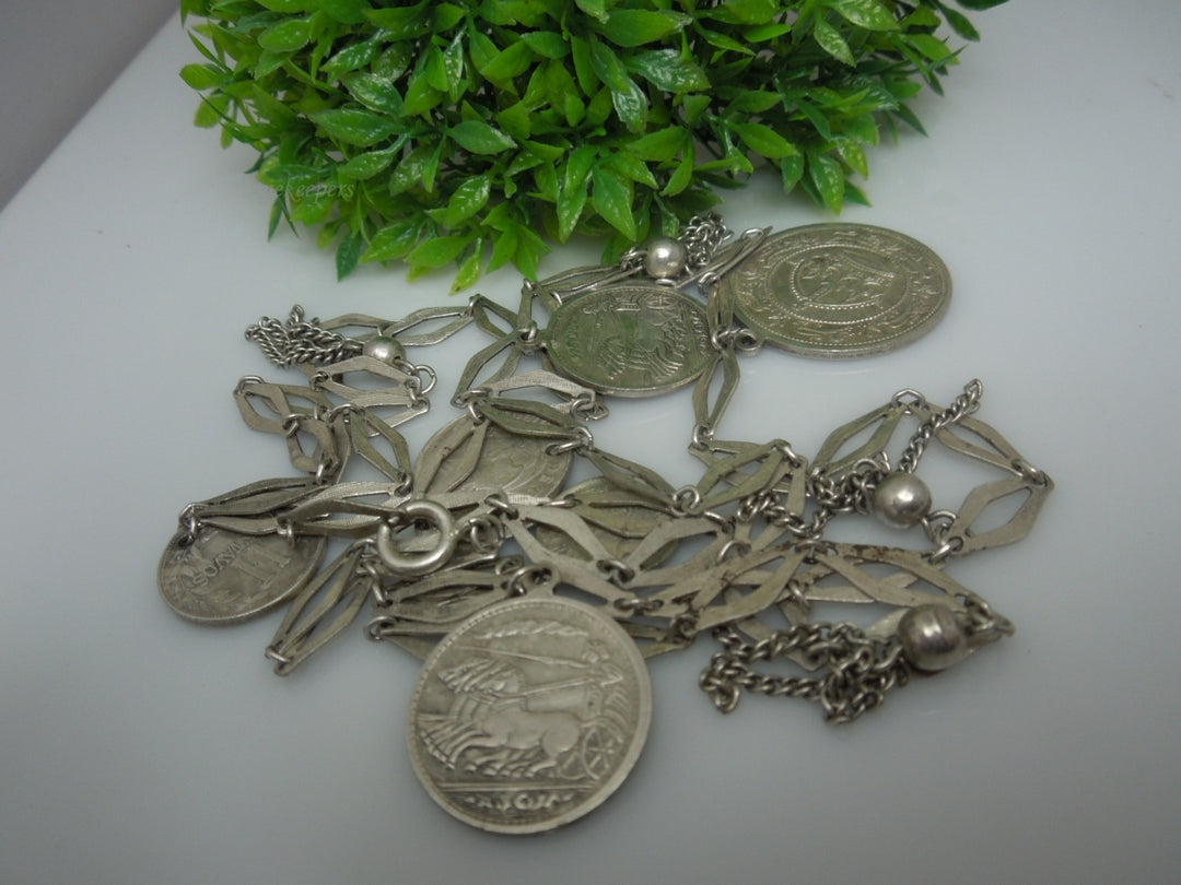 q197 Vintage Sterling Silver Multi Countries Coin Pendant /Necklace/Chain 38"