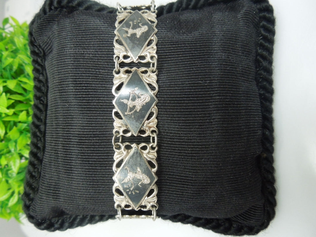 q196 1930 Sterling Silver 925 Siam Niello Exotic Dancers Bracelet 7.25"