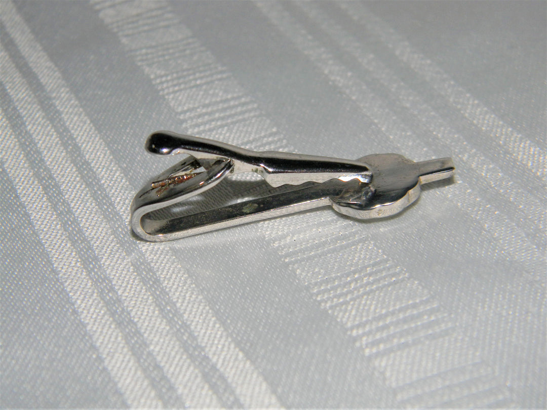 j542 Handsome Vintage Silver Tone Tie Bar with White Stone