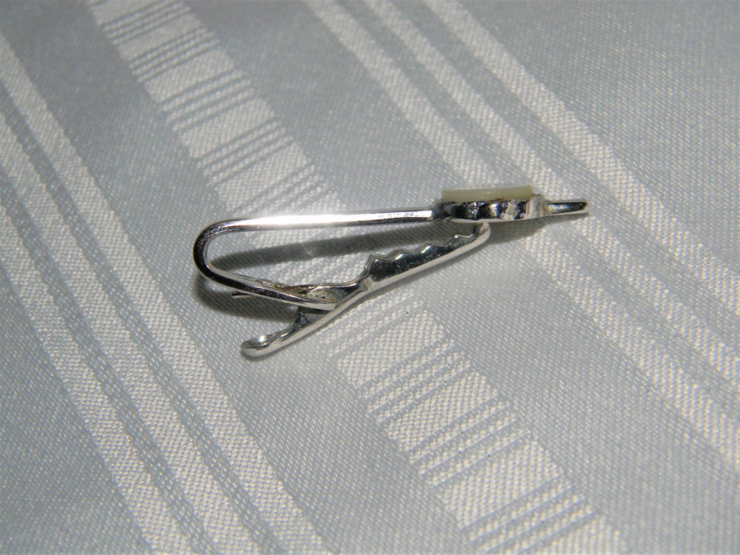 j542 Handsome Vintage Silver Tone Tie Bar with White Stone