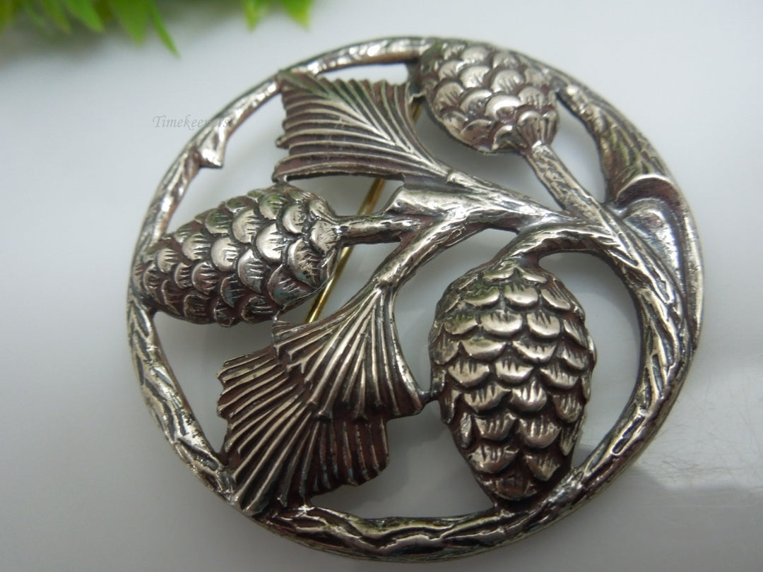 q218 Vintage Pine Pinecones Circle Brooch Sterling Silver 925 Sweater pin,Dress Brooch