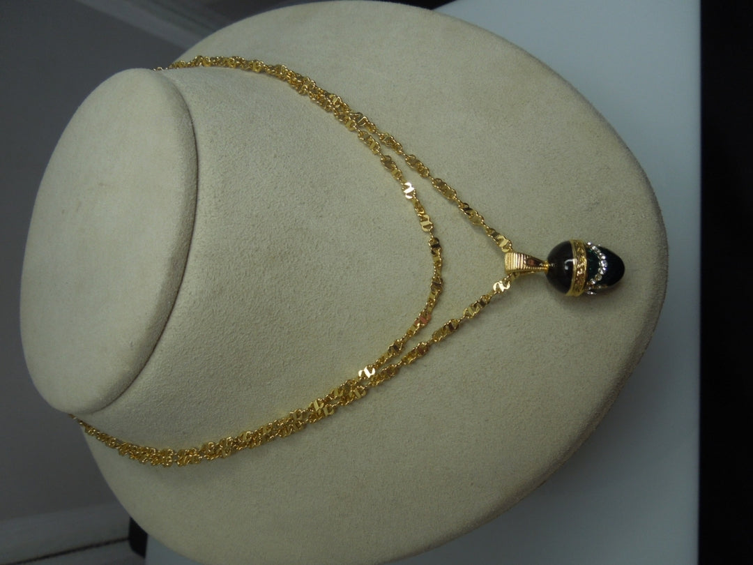 q232 Mother's Day Special Russian Style Easter Egg Green Pendant and Gold Plated Chain 25"