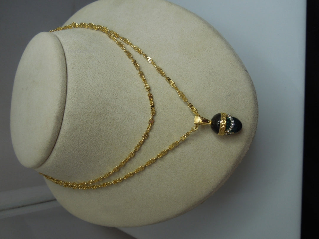 q232 Mother's Day Special Russian Style Easter Egg Green Pendant and Gold Plated Chain 25"