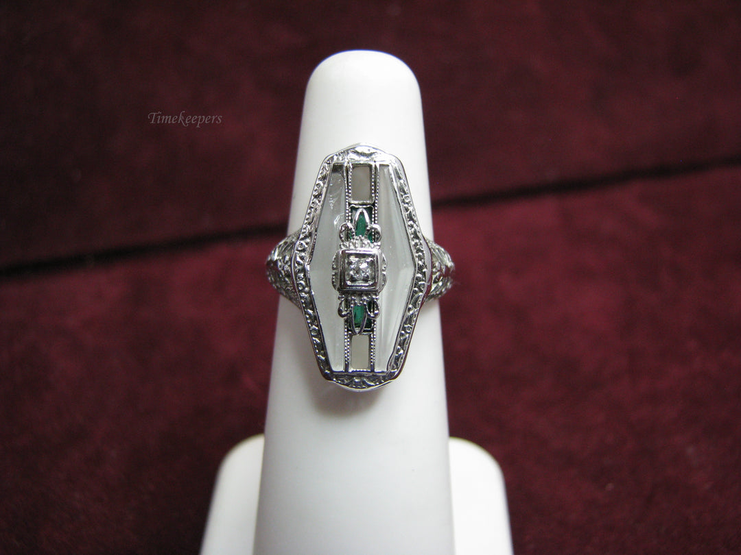 b136 14kt White Gold Vintage  Camphor Glass and Emerald Accented Ring