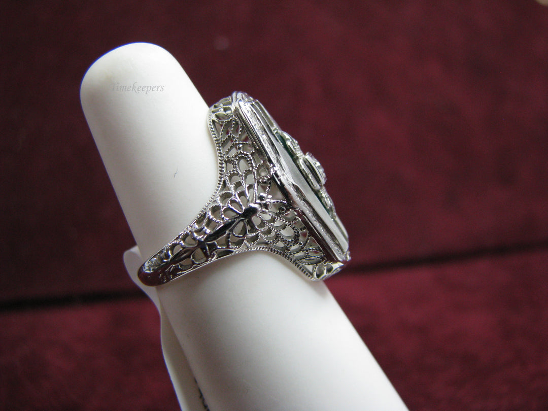 b136 14kt White Gold Vintage  Camphor Glass and Emerald Accented Ring