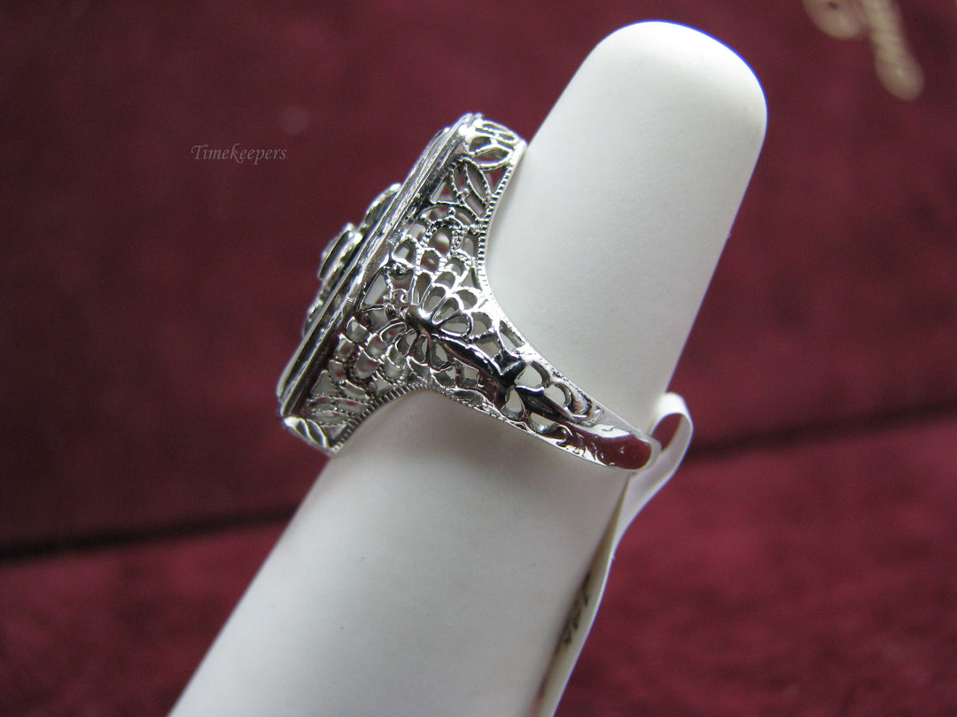 b136 14kt White Gold Vintage  Camphor Glass and Emerald Accented Ring