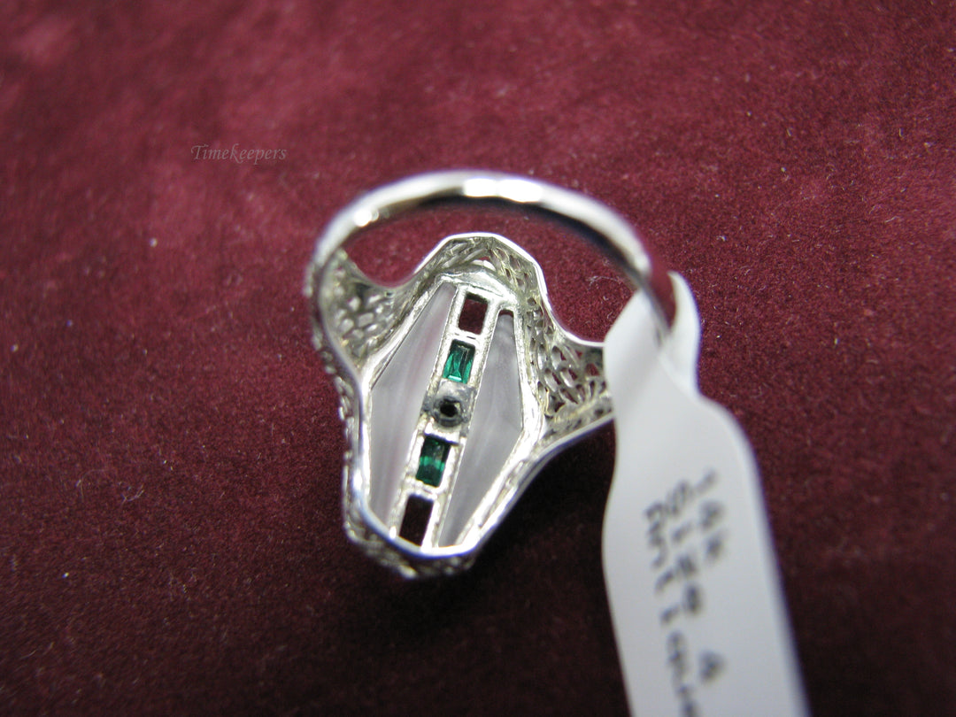 b136 14kt White Gold Vintage  Camphor Glass and Emerald Accented Ring
