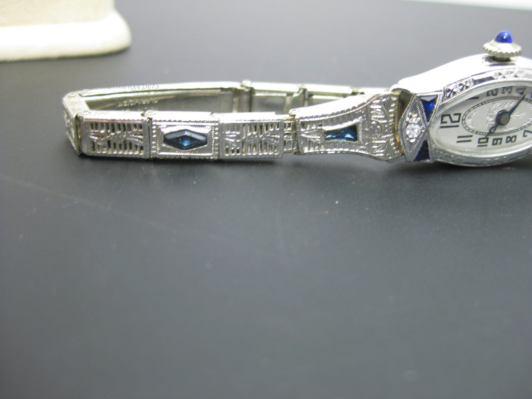h506 Gorgeous Vintage 14k White Gold 1930s Vanburen Diamond &amp; Sapphire Watch