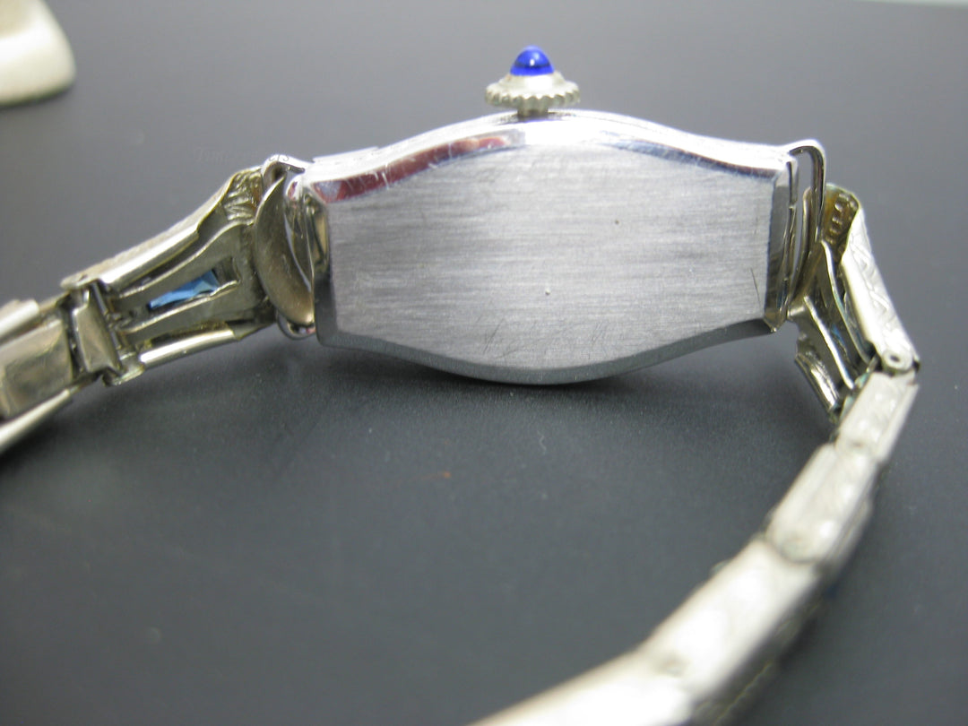 h506 Gorgeous Vintage 14k White Gold 1930s Vanburen Diamond &amp; Sapphire Watch
