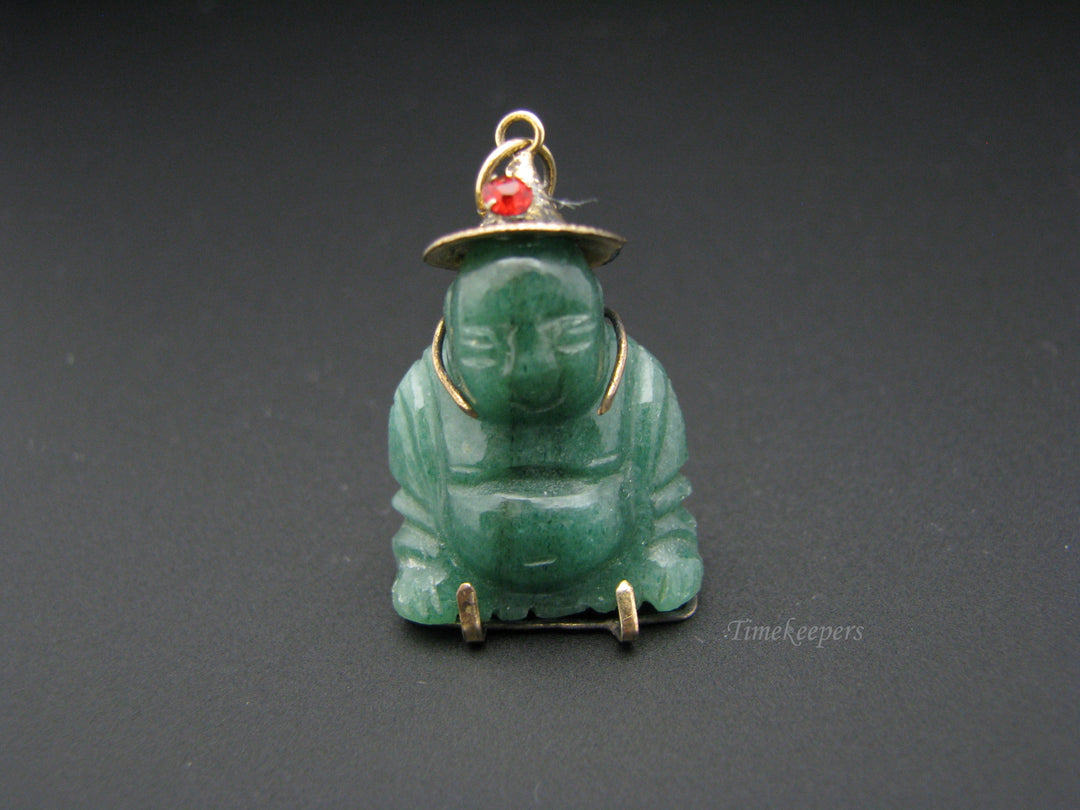 c763 Wonderful Green Jade Buddha in 14K Yellow Gold Pendant/ Charm