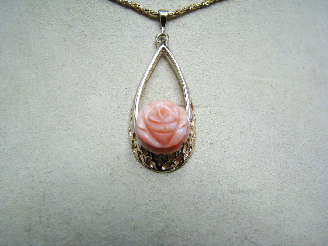 a754 Beautiful Carved Rose in Coral Pendant set in 14k Yellow Gold