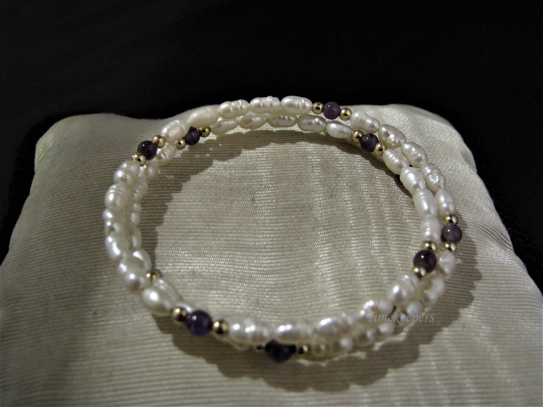 c827 Lovely Memory Wire Pearl and Purple Bead Bracelet