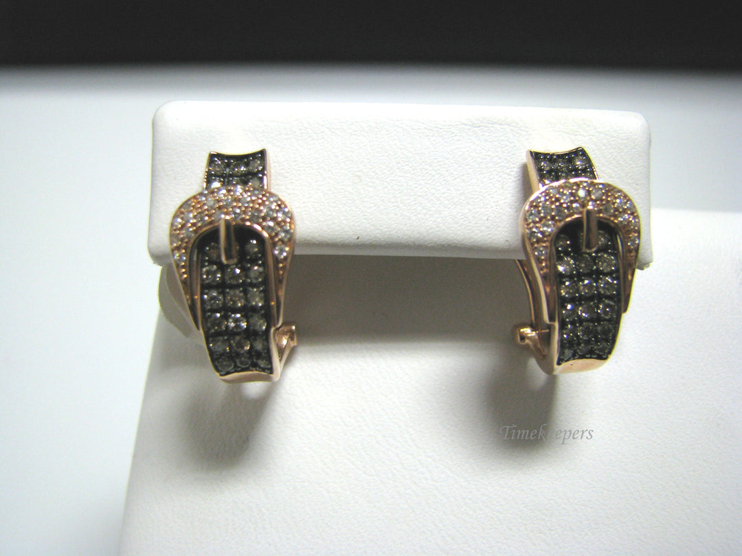 H034 Stunning 14k Rose Gold White and Black Diamonds Buckle Earrings